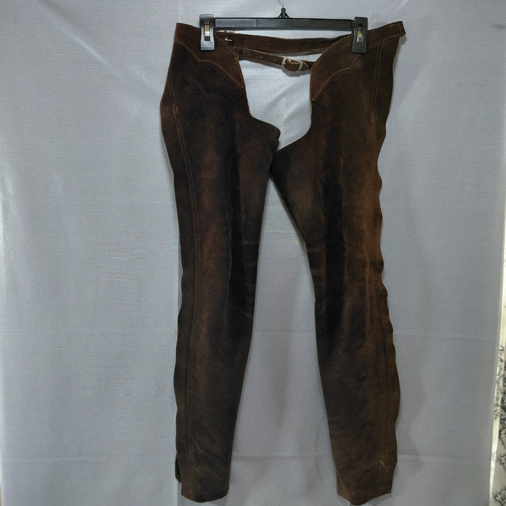 Vtg Brown Suede Leather Chaps Made in USA Adjustable Belt Side Zipper